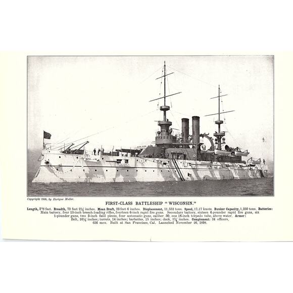 First Class Battleship Alabama & Wisconsin Double Sided 1910 Print AF6-20 - Picture 2 of 2